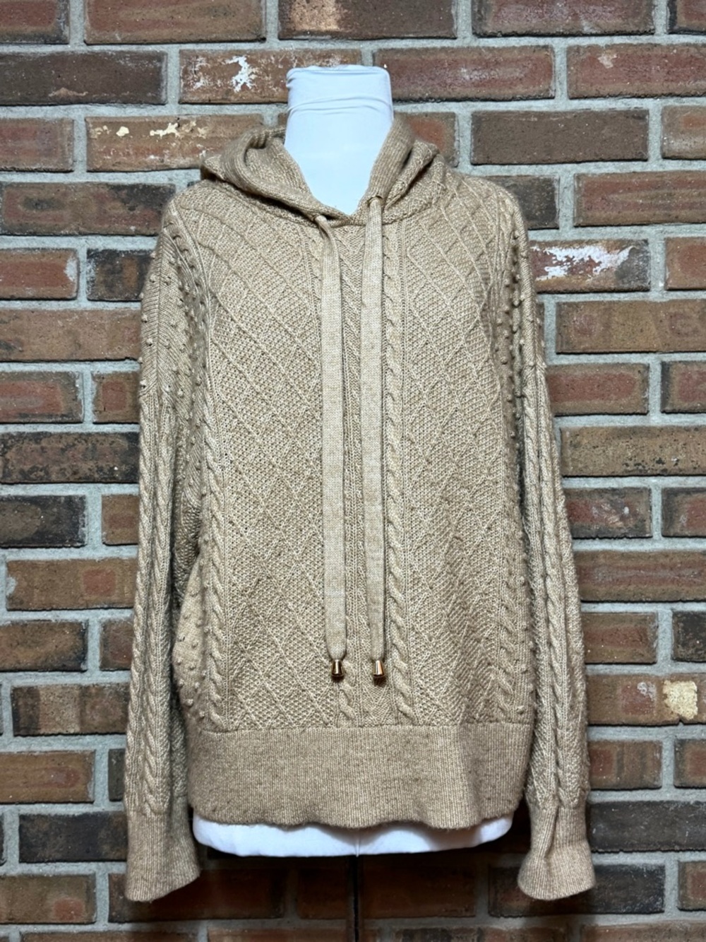 Ann Taylor Cable Hoodie Knit Sweater Tan Long Sleeve Size L
